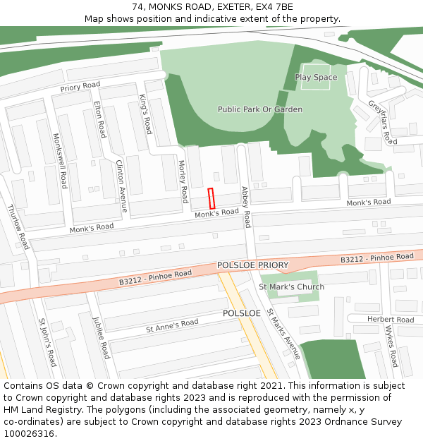 74, MONKS ROAD, EXETER, EX4 7BE: Location map and indicative extent of plot