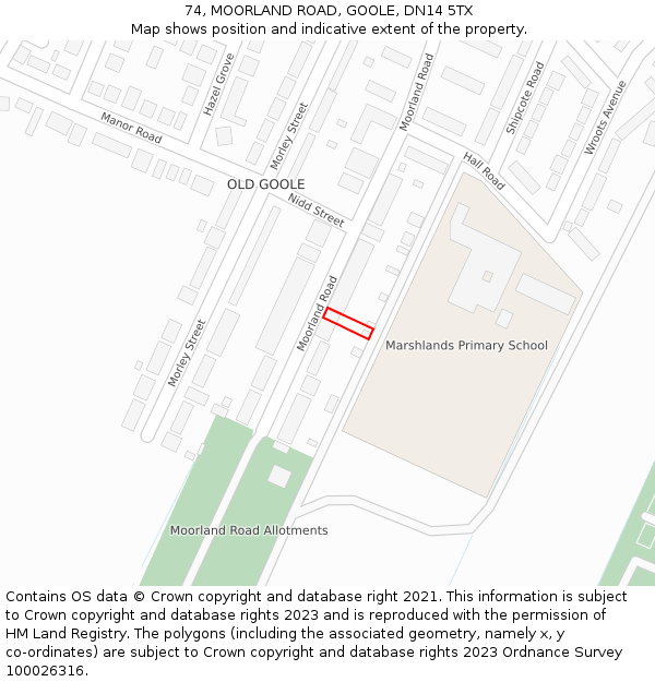74, MOORLAND ROAD, GOOLE, DN14 5TX: Location map and indicative extent of plot