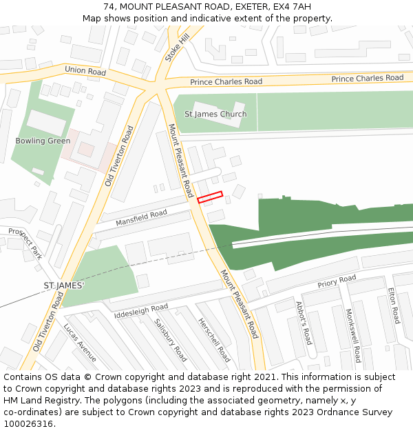 74, MOUNT PLEASANT ROAD, EXETER, EX4 7AH: Location map and indicative extent of plot