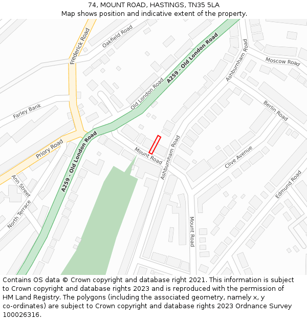 74, MOUNT ROAD, HASTINGS, TN35 5LA: Location map and indicative extent of plot