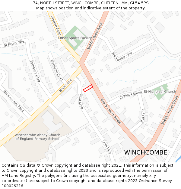 74, NORTH STREET, WINCHCOMBE, CHELTENHAM, GL54 5PS: Location map and indicative extent of plot