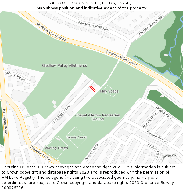 74, NORTHBROOK STREET, LEEDS, LS7 4QH: Location map and indicative extent of plot