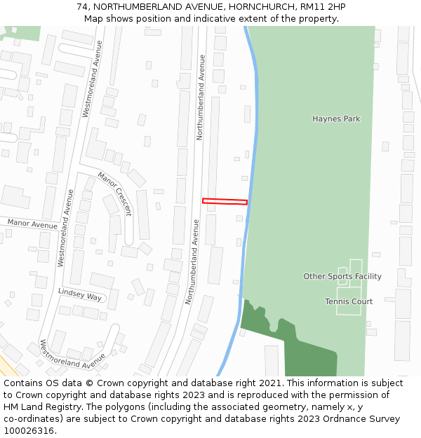 74, NORTHUMBERLAND AVENUE, HORNCHURCH, RM11 2HP: Location map and indicative extent of plot