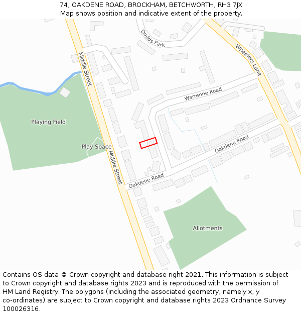 74, OAKDENE ROAD, BROCKHAM, BETCHWORTH, RH3 7JX: Location map and indicative extent of plot
