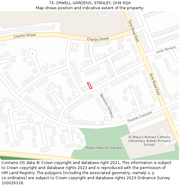74, ORWELL GARDENS, STANLEY, DH9 6QA: Location map and indicative extent of plot