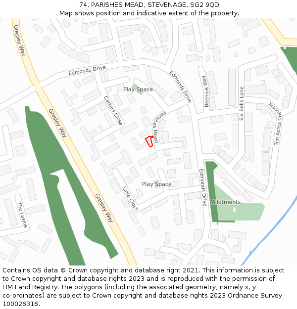 74, PARISHES MEAD, STEVENAGE, SG2 9QD: Location map and indicative extent of plot