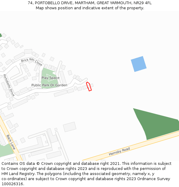 74, PORTOBELLO DRIVE, MARTHAM, GREAT YARMOUTH, NR29 4FL: Location map and indicative extent of plot