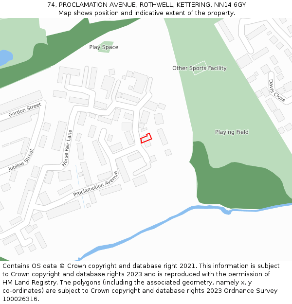 74, PROCLAMATION AVENUE, ROTHWELL, KETTERING, NN14 6GY: Location map and indicative extent of plot
