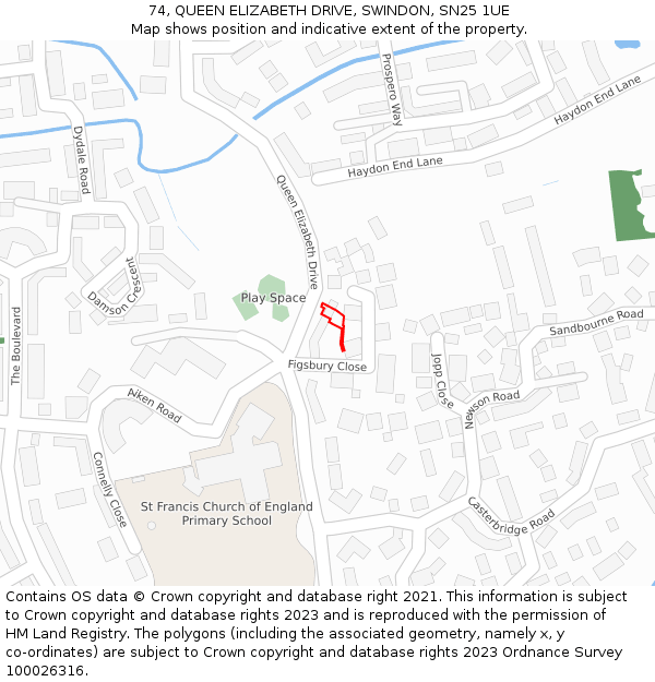 74, QUEEN ELIZABETH DRIVE, SWINDON, SN25 1UE: Location map and indicative extent of plot