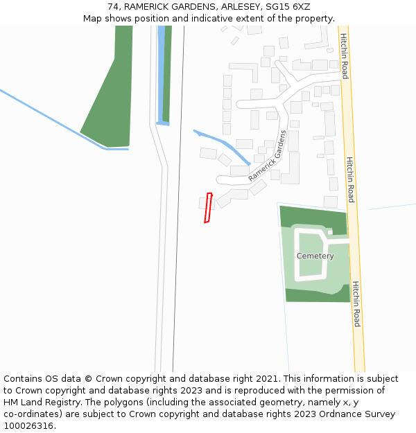 74, RAMERICK GARDENS, ARLESEY, SG15 6XZ: Location map and indicative extent of plot