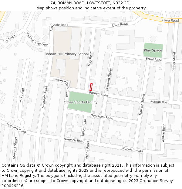 74, ROMAN ROAD, LOWESTOFT, NR32 2DH: Location map and indicative extent of plot