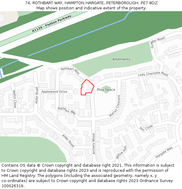 74, ROTHBART WAY, HAMPTON HARGATE, PETERBOROUGH, PE7 8DZ: Location map and indicative extent of plot