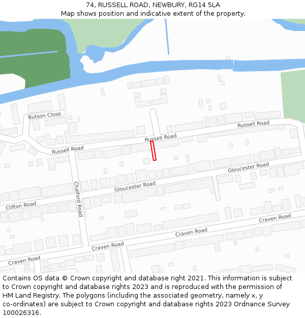 74, RUSSELL ROAD, NEWBURY, RG14 5LA: Location map and indicative extent of plot