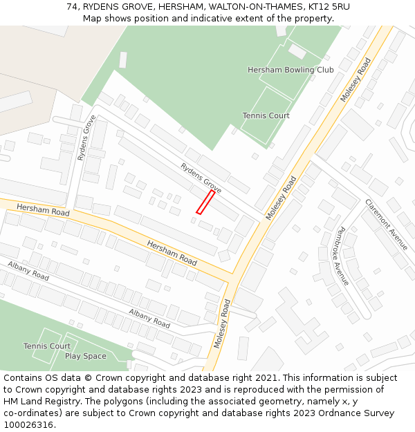 74, RYDENS GROVE, HERSHAM, WALTON-ON-THAMES, KT12 5RU: Location map and indicative extent of plot