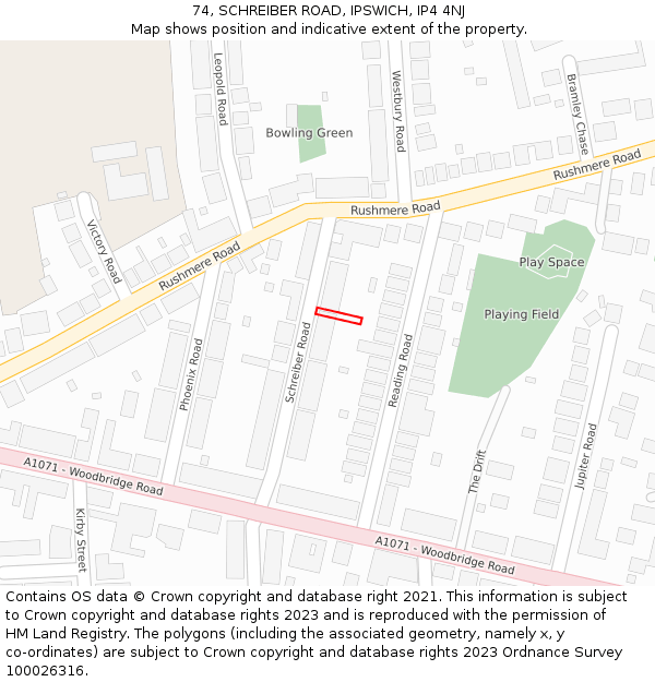74, SCHREIBER ROAD, IPSWICH, IP4 4NJ: Location map and indicative extent of plot