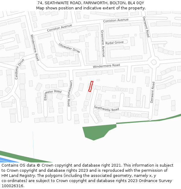 74, SEATHWAITE ROAD, FARNWORTH, BOLTON, BL4 0QY: Location map and indicative extent of plot
