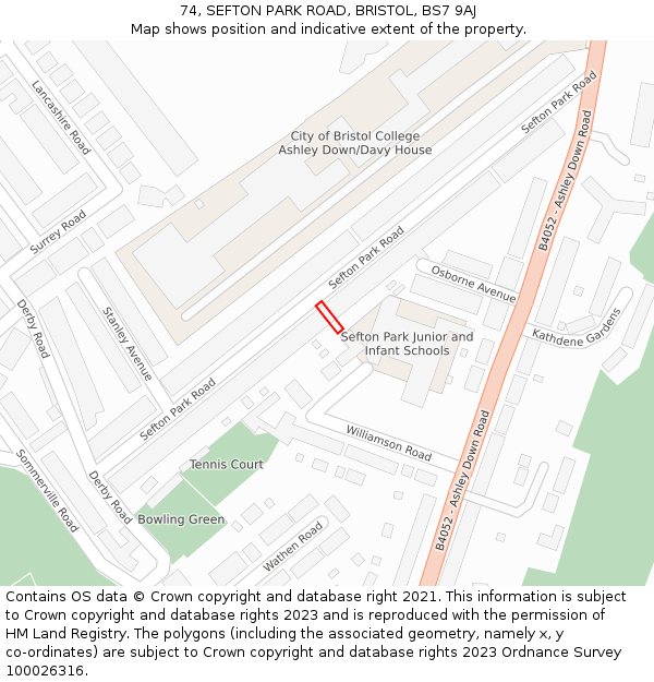 74, SEFTON PARK ROAD, BRISTOL, BS7 9AJ: Location map and indicative extent of plot