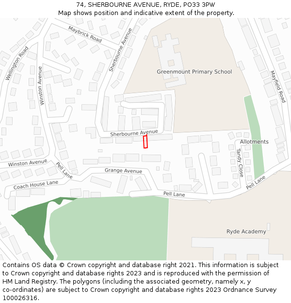 74, SHERBOURNE AVENUE, RYDE, PO33 3PW: Location map and indicative extent of plot