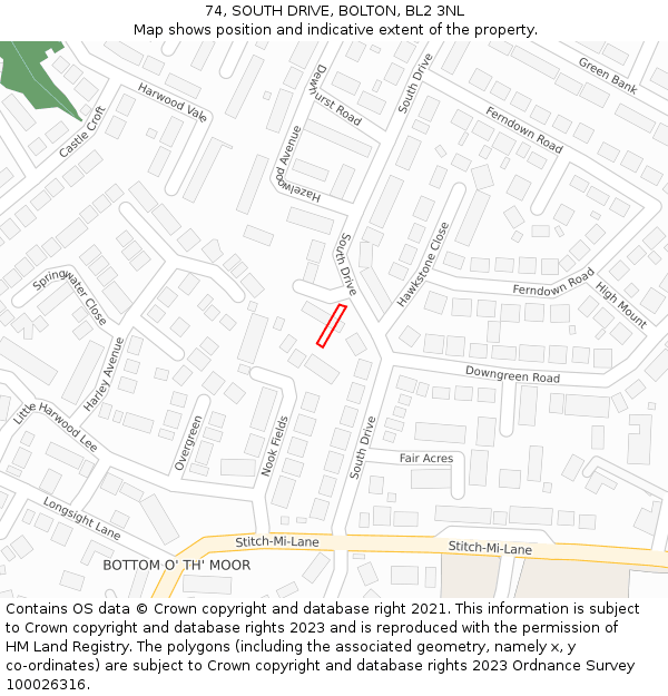 74, SOUTH DRIVE, BOLTON, BL2 3NL: Location map and indicative extent of plot
