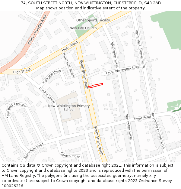 74, SOUTH STREET NORTH, NEW WHITTINGTON, CHESTERFIELD, S43 2AB: Location map and indicative extent of plot