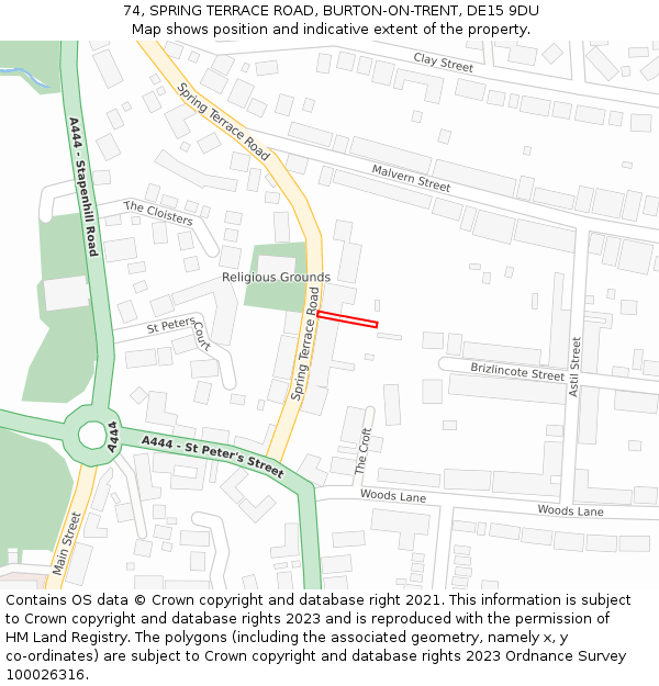 74, SPRING TERRACE ROAD, BURTON-ON-TRENT, DE15 9DU: Location map and indicative extent of plot