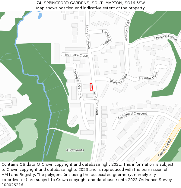 74, SPRINGFORD GARDENS, SOUTHAMPTON, SO16 5SW: Location map and indicative extent of plot