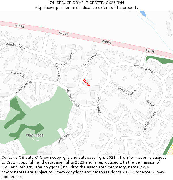 74, SPRUCE DRIVE, BICESTER, OX26 3YN: Location map and indicative extent of plot