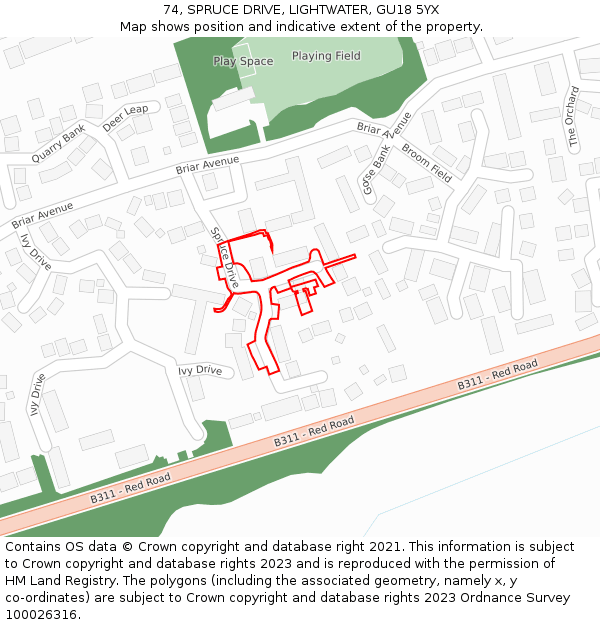 74, SPRUCE DRIVE, LIGHTWATER, GU18 5YX: Location map and indicative extent of plot