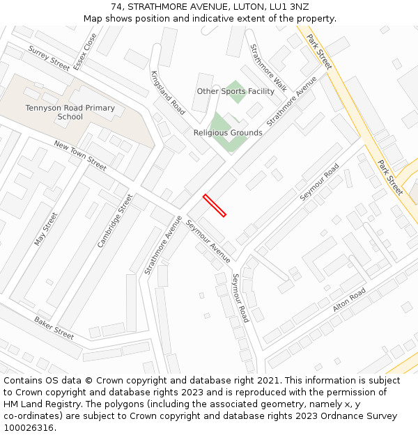 74, STRATHMORE AVENUE, LUTON, LU1 3NZ: Location map and indicative extent of plot