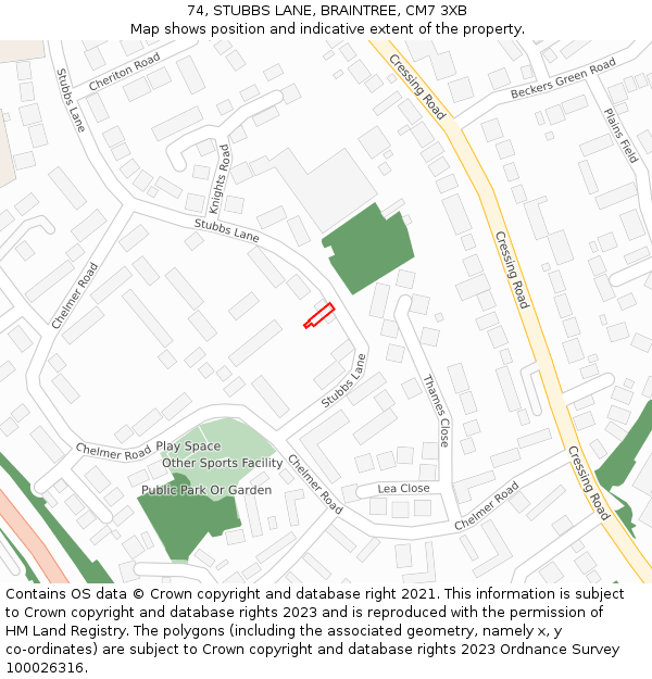 74, STUBBS LANE, BRAINTREE, CM7 3XB: Location map and indicative extent of plot