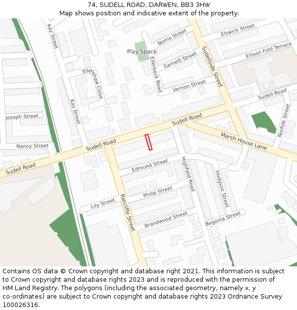74, SUDELL ROAD, DARWEN, BB3 3HW: Location map and indicative extent of plot