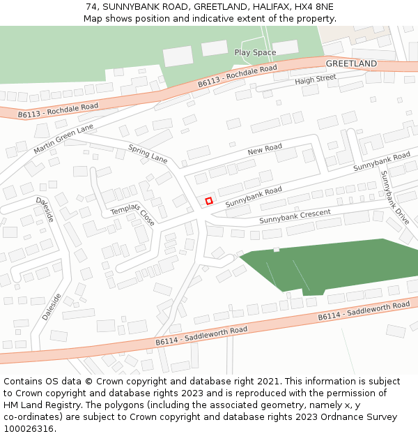74, SUNNYBANK ROAD, GREETLAND, HALIFAX, HX4 8NE: Location map and indicative extent of plot