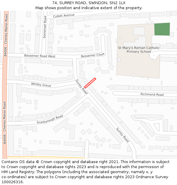 74, SURREY ROAD, SWINDON, SN2 1LX: Location map and indicative extent of plot