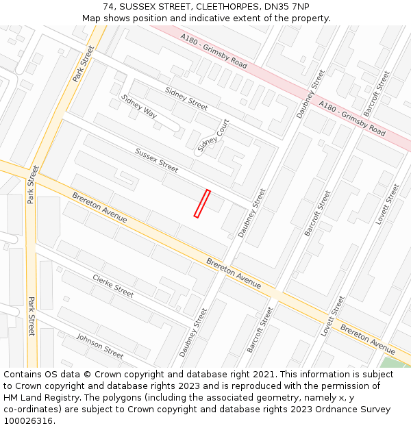 74, SUSSEX STREET, CLEETHORPES, DN35 7NP: Location map and indicative extent of plot