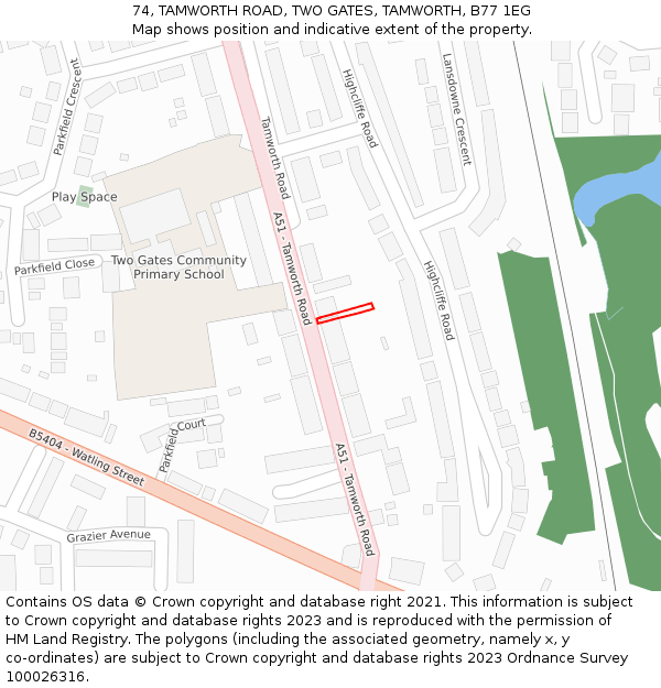 74, TAMWORTH ROAD, TWO GATES, TAMWORTH, B77 1EG: Location map and indicative extent of plot