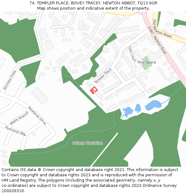 74, TEMPLER PLACE, BOVEY TRACEY, NEWTON ABBOT, TQ13 9GR: Location map and indicative extent of plot