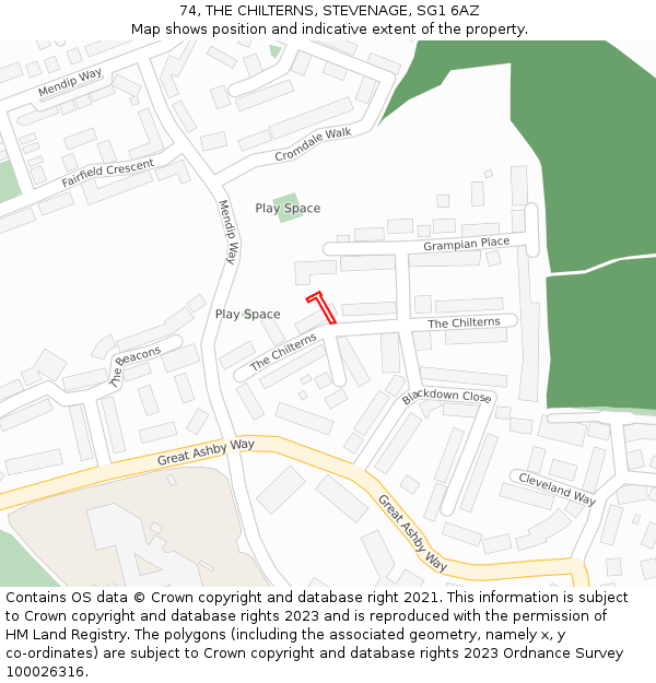 74, THE CHILTERNS, STEVENAGE, SG1 6AZ: Location map and indicative extent of plot