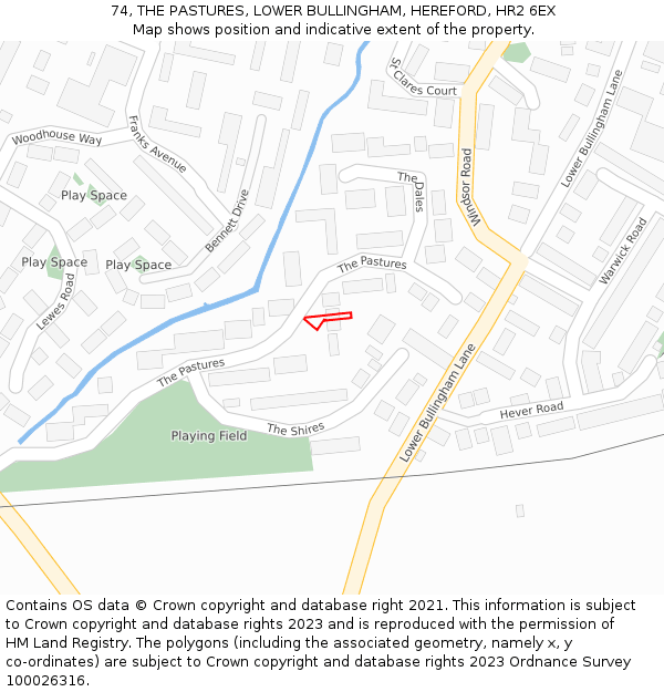 74, THE PASTURES, LOWER BULLINGHAM, HEREFORD, HR2 6EX: Location map and indicative extent of plot