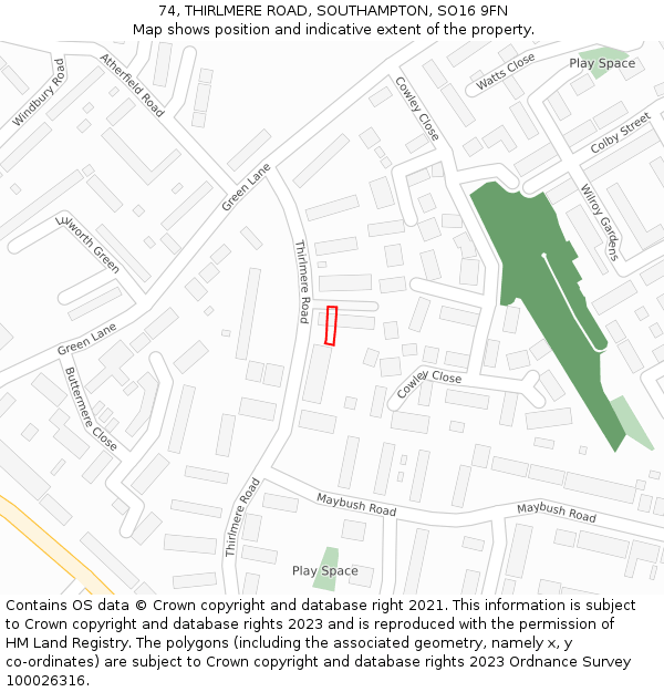 74, THIRLMERE ROAD, SOUTHAMPTON, SO16 9FN: Location map and indicative extent of plot