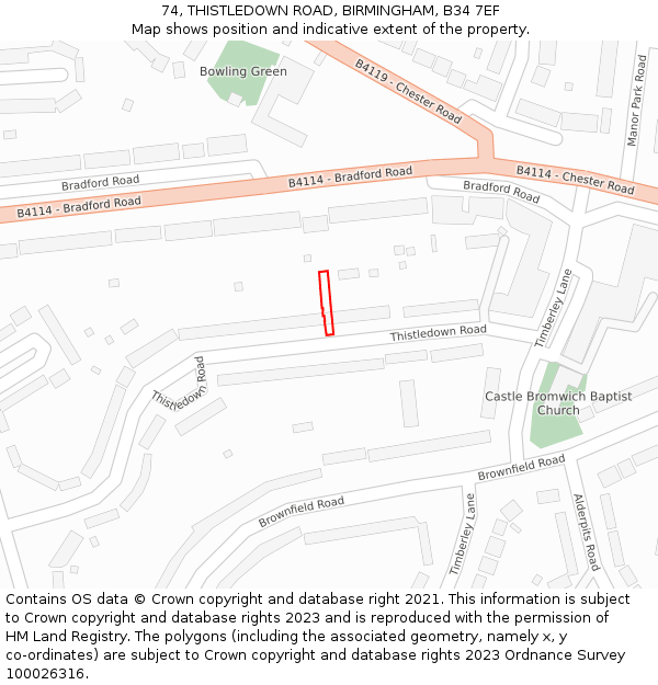 74, THISTLEDOWN ROAD, BIRMINGHAM, B34 7EF: Location map and indicative extent of plot