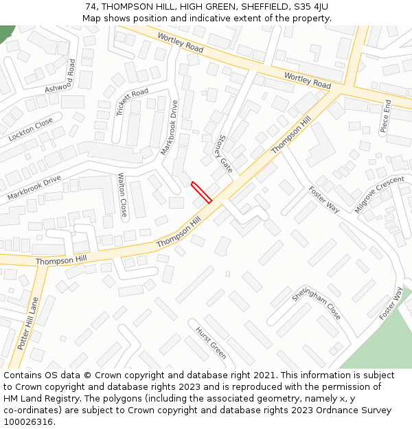 74, THOMPSON HILL, HIGH GREEN, SHEFFIELD, S35 4JU: Location map and indicative extent of plot