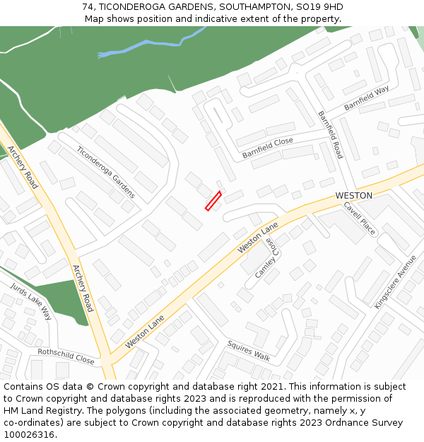 74, TICONDEROGA GARDENS, SOUTHAMPTON, SO19 9HD: Location map and indicative extent of plot