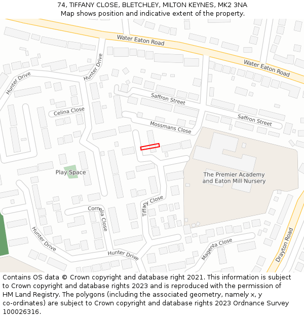 74, TIFFANY CLOSE, BLETCHLEY, MILTON KEYNES, MK2 3NA: Location map and indicative extent of plot