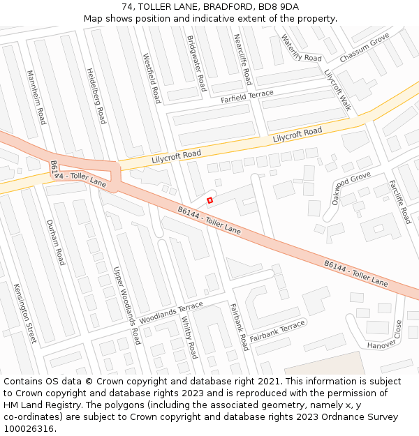 74, TOLLER LANE, BRADFORD, BD8 9DA: Location map and indicative extent of plot