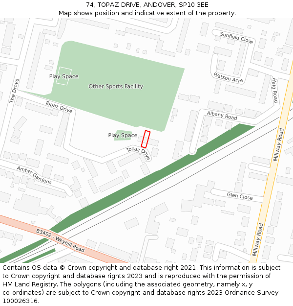 74, TOPAZ DRIVE, ANDOVER, SP10 3EE: Location map and indicative extent of plot