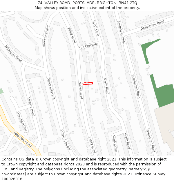 74, VALLEY ROAD, PORTSLADE, BRIGHTON, BN41 2TQ: Location map and indicative extent of plot