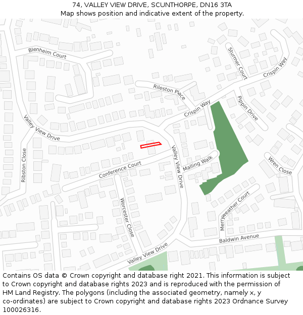 74, VALLEY VIEW DRIVE, SCUNTHORPE, DN16 3TA: Location map and indicative extent of plot