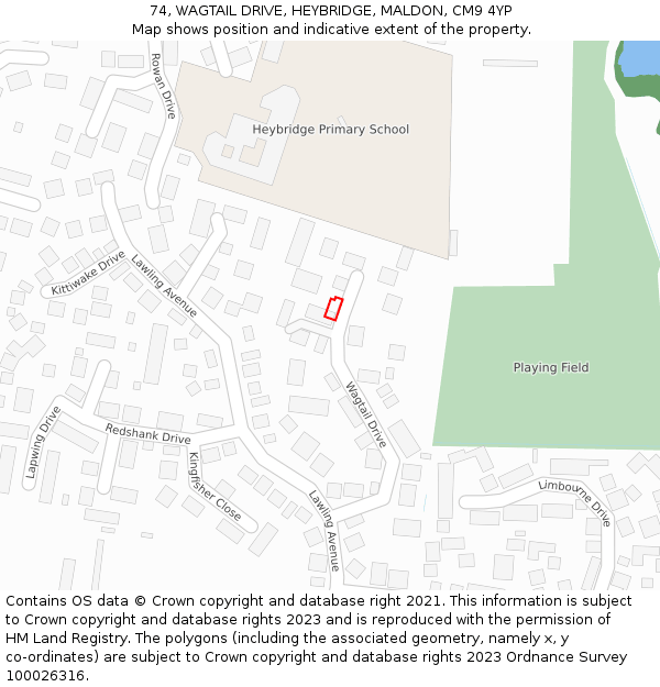 74, WAGTAIL DRIVE, HEYBRIDGE, MALDON, CM9 4YP: Location map and indicative extent of plot
