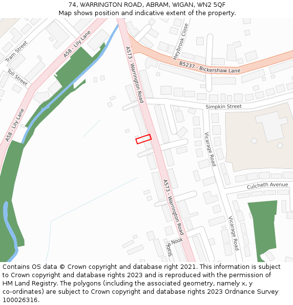 74, WARRINGTON ROAD, ABRAM, WIGAN, WN2 5QF: Location map and indicative extent of plot