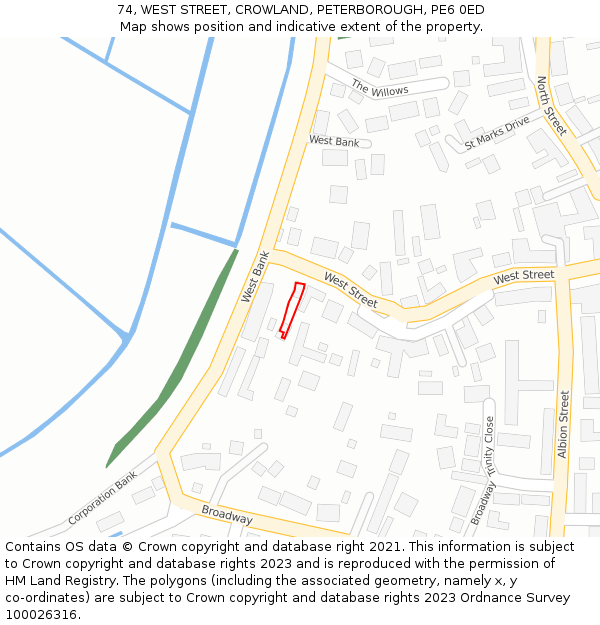 74, WEST STREET, CROWLAND, PETERBOROUGH, PE6 0ED: Location map and indicative extent of plot
